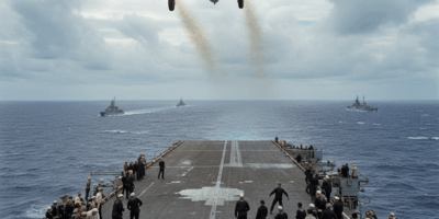B-25 Mitchell bomber launching from USS Hornet aircraft carrier during the Doolittle Raid 1942