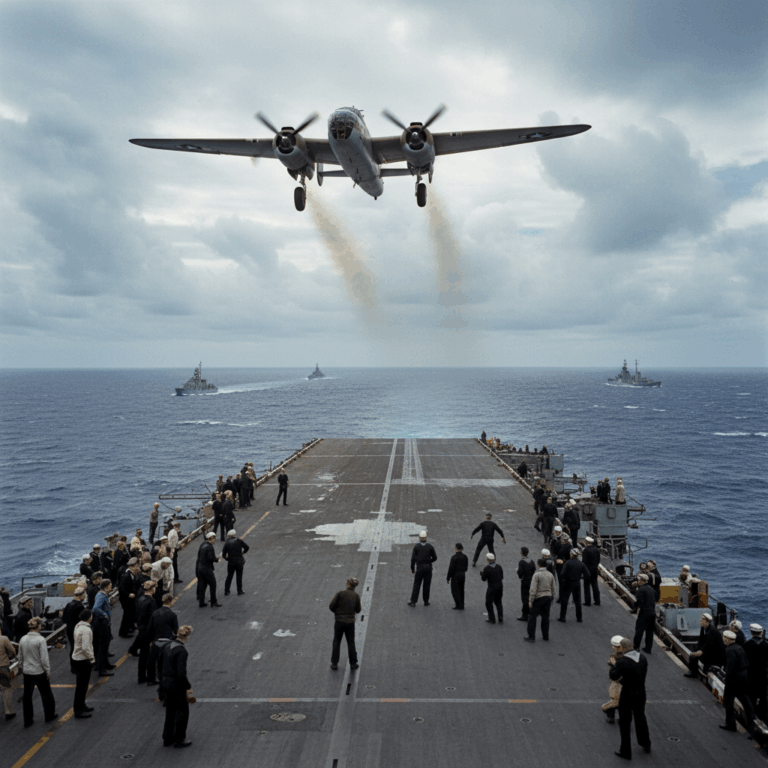 B-25 Mitchell bomber launching from USS Hornet aircraft carrier during the Doolittle Raid 1942