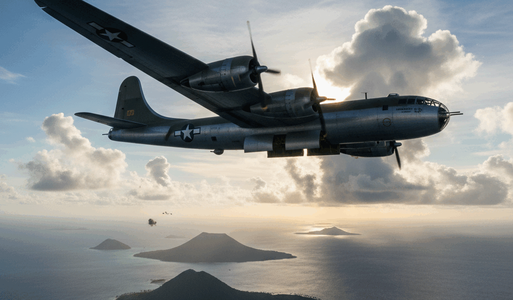 B-29 Superfortress bomber flying over Pacific Ocean islands during World War II