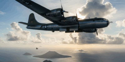 B-29 Superfortress bomber flying over Pacific Ocean islands during World War II