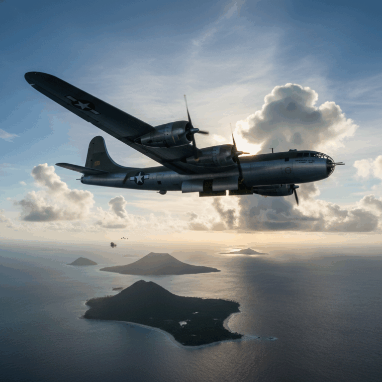 B-29 Superfortress bomber flying over Pacific Ocean islands during World War II