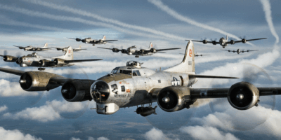 Boeing B-17 Flying Fortress bombers in formation flight over Europe during World War II strategic bo