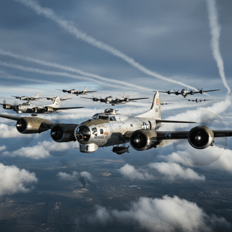 Boeing B-17 Flying Fortress bombers in formation flight over Europe during World War II strategic bo