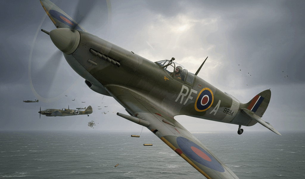 RAF Spitfire fighter aircraft in aerial combat during the Battle of Britain 1940