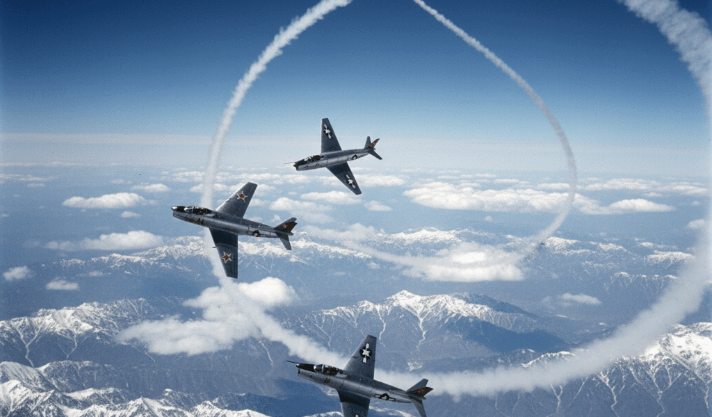 MiG-15 and F-86 Sabre jet fighters in aerial combat over Korea during the Korean War