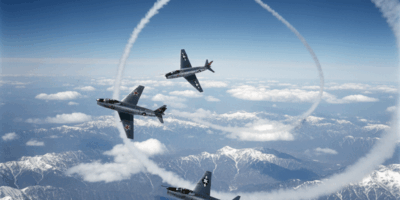 MiG-15 and F-86 Sabre jet fighters in aerial combat over Korea during the Korean War