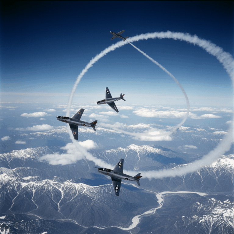 MiG-15 and F-86 Sabre jet fighters in aerial combat over Korea during the Korean War