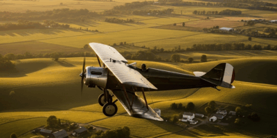 vintage biplane flying over rural american landscape in gold 20260331 084840