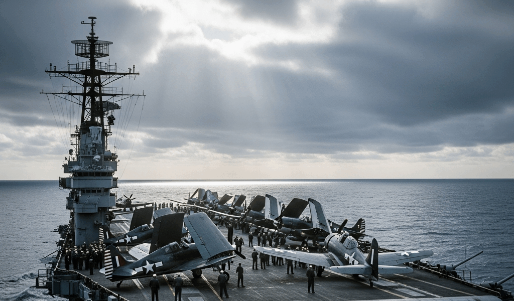 world war 2 aircraft carrier on open ocean with planes on fl 20260331 084831