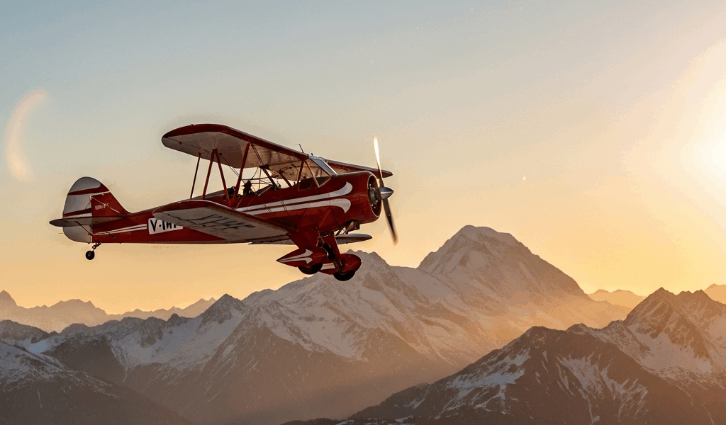 vintage biplane flying over snow-capped Alps mountains