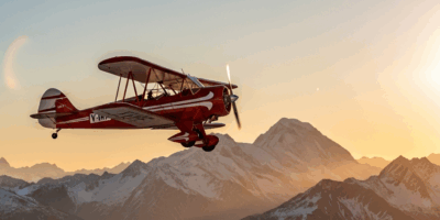 vintage biplane flying over snow-capped Alps mountains